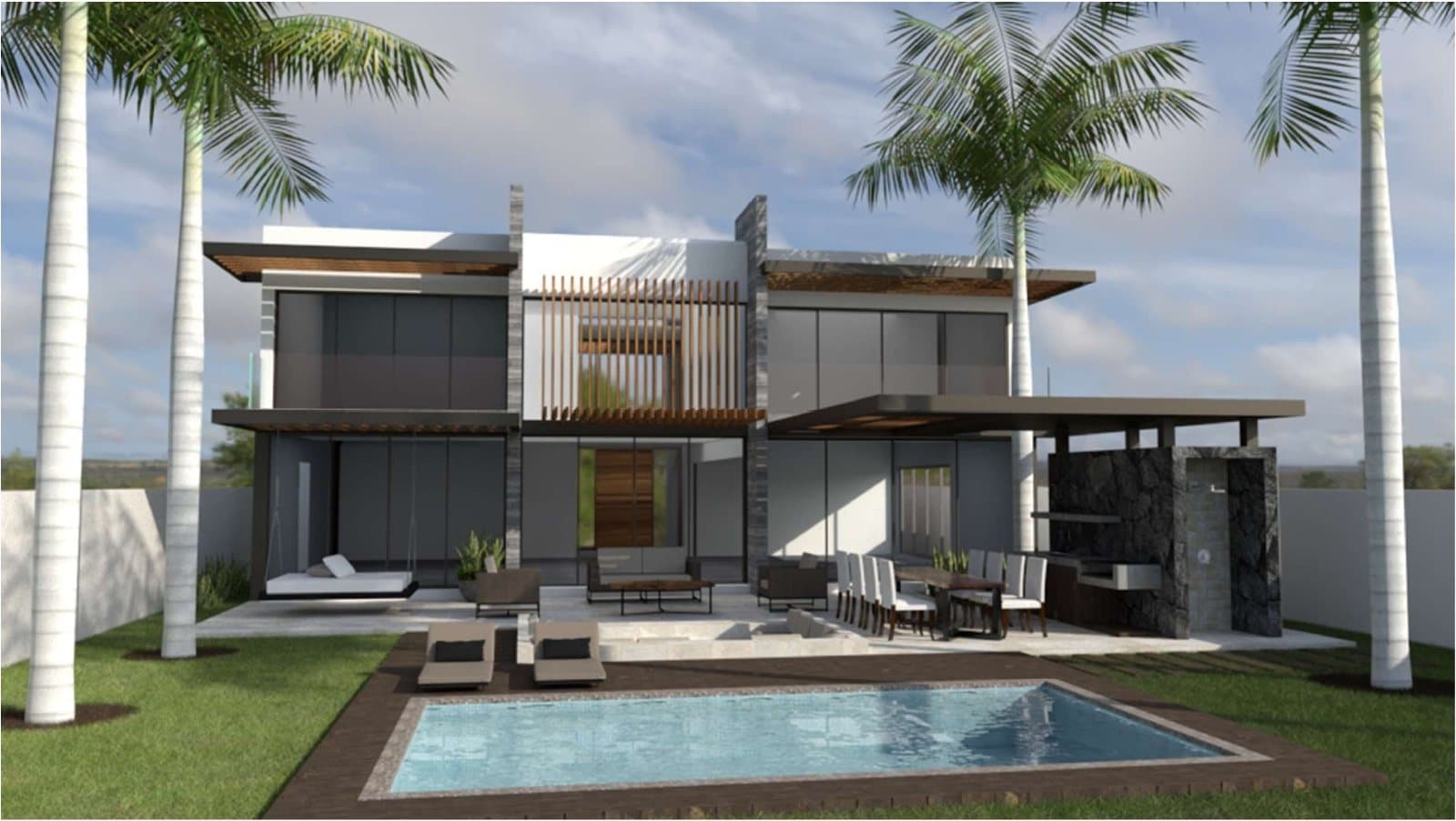 Render de la parte trasera de Cocoyoc I con alberca y palmeras