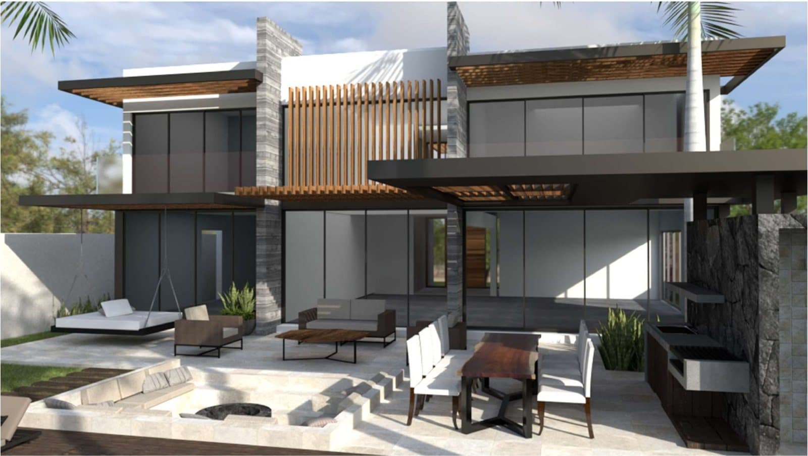 Render de la terraza con comedor exterior, asador y área de fogata de Cocoyoc I