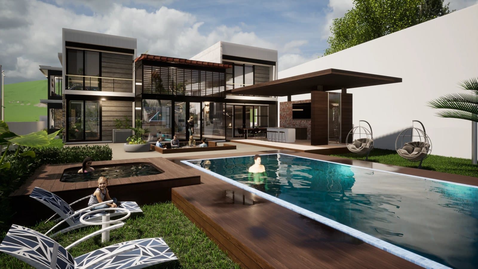 Render de Cocoyoc II con alberca, jacuzzi y terraza con asador