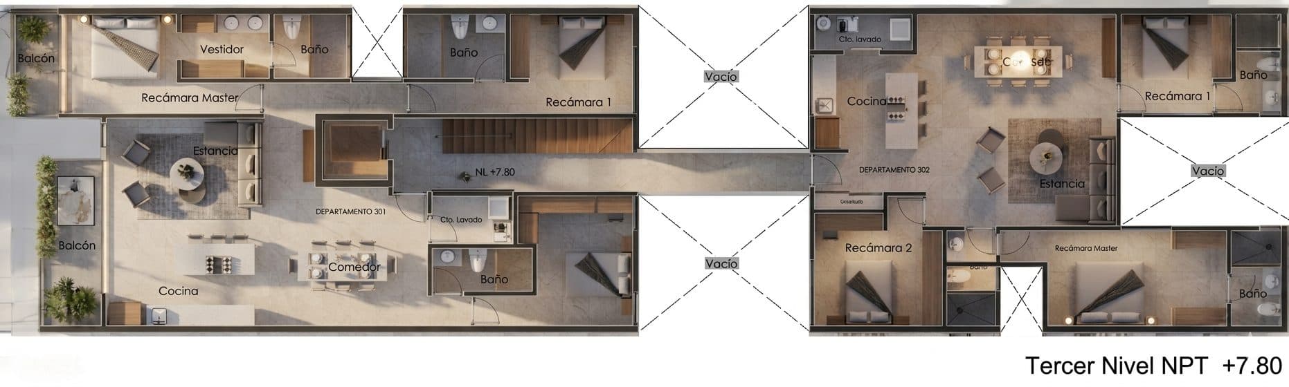 Plano del nivel 2, departamentos 201 y 202