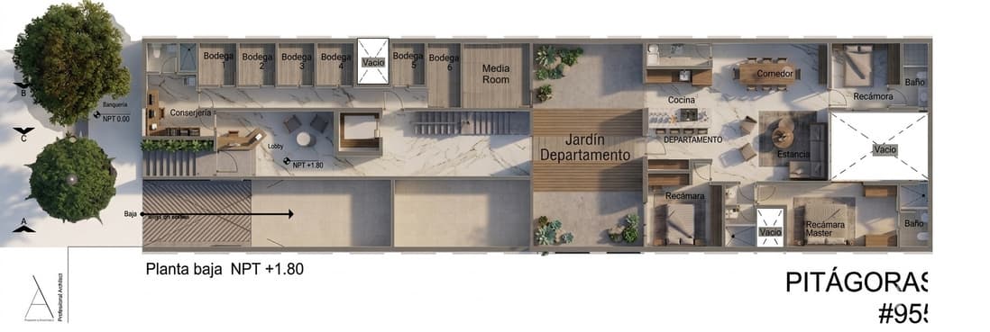 Plano de planta baja, jardín y bodegas