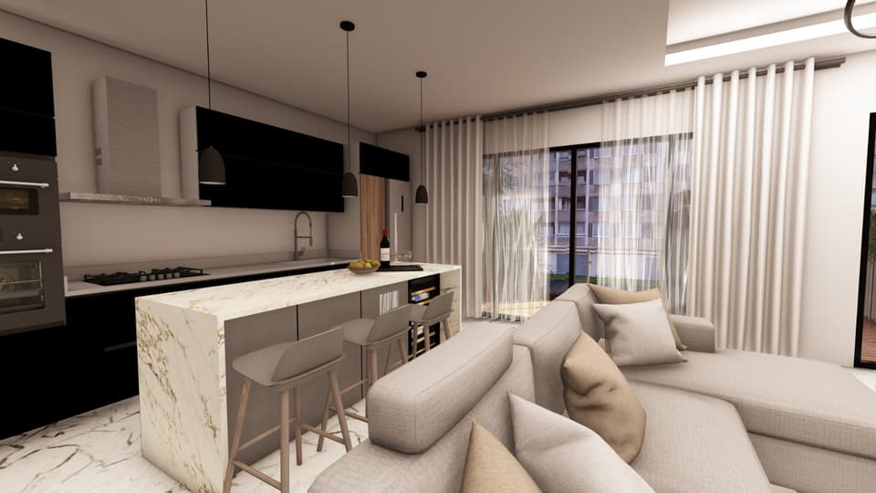 Sala y cocina con barra de granito