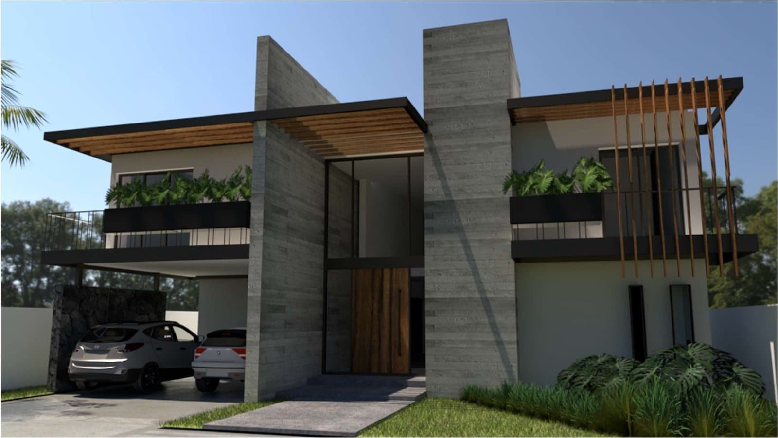 Render de la fachada de la residencia Cocoyoc I, con cochera y muros de concreto aparente